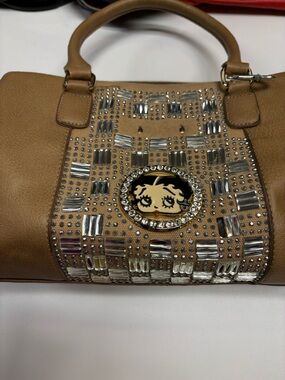 Betty Boop Embellished Tan Satchel with Crystal Medallion